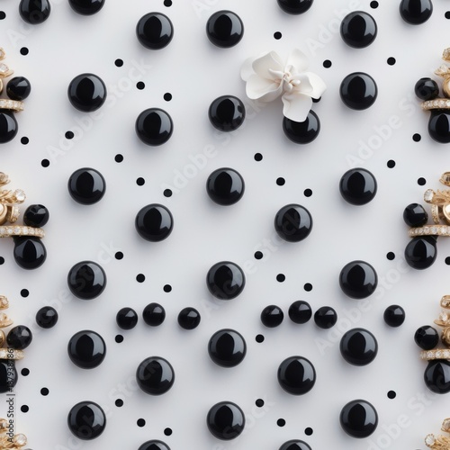 Elegant Black and White Polka Dot Pattern with Gold Jewelry and White Flower