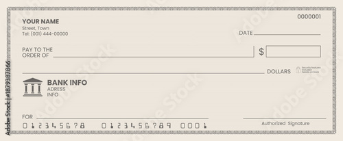 Corporate bank check design vector illustration for payment verification.