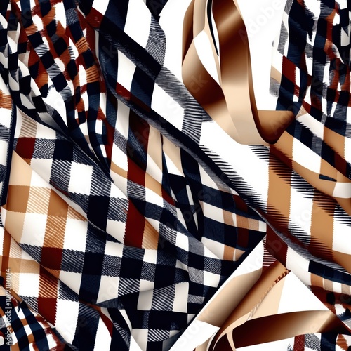 Abstract Plaid Fabric with Brown and Navy Tones - Modern Textile Design