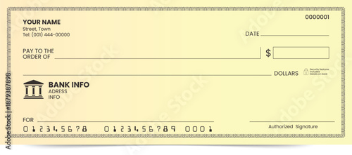 Printable blank check template for business payroll and transactions.