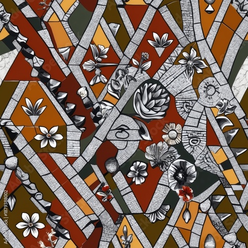 Abstract Stained Glass Floral Mosaic Pattern with Earthy Tones and Stone Texture