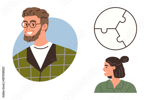 Teamwork, connection, problem-solving, communication, collaboration, community building. Male and female profiles alongside a puzzle design. Teamwork and connection clearly