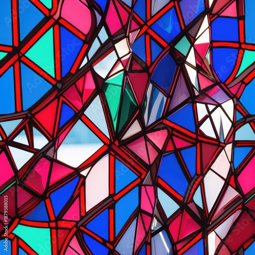 Abstract Stained Glass Pattern with Red, Blue, and Green Geometric Shapes