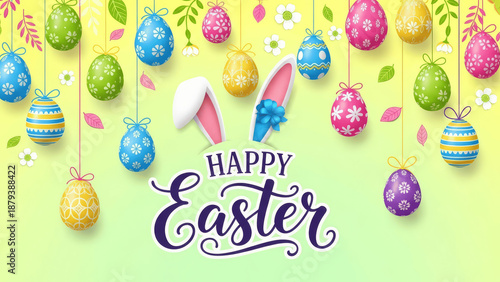 Happy Easter Egg Garland with Bunny Greeting on Festive Background, Colourful Spring Holiday Decoration, Cute Easter Celebration Scene with Decorative Eggs and Cheerful Bunny Concept