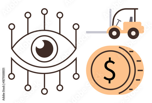Technology, economy, logistics, automation, financial systems, digital innovation. Eye with circuit elements, coin with dollar sign forklift. Technology and economy integration concept
