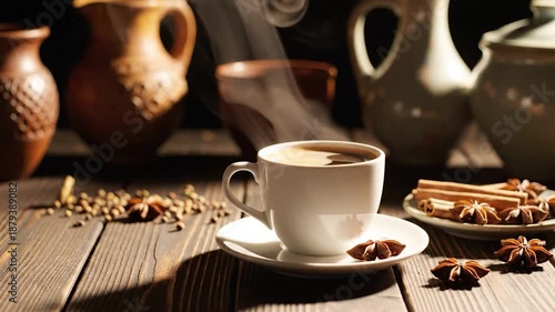 Wallpaper Mural Steaming white cup of coffee on wooden table with spices and antique pottery Torontodigital.ca