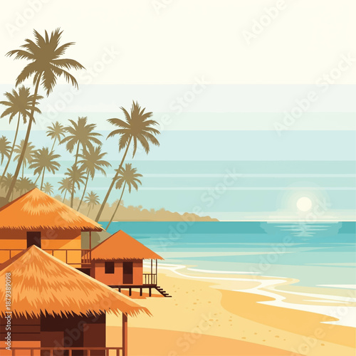 Tropical Beach Huts and Palm Trees at Sunset Travel Destination