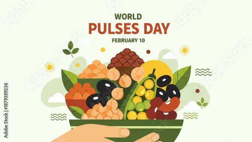 World Pulses Day illustration with a variety of legumes and grains in a bowl celebrating healthy eating and nutrition on February 10th