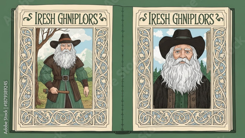 Two portraits of an Irish Ghnipilor character in vintage frames a fantasy creature illustration for folklore and storytelling detailed character design
