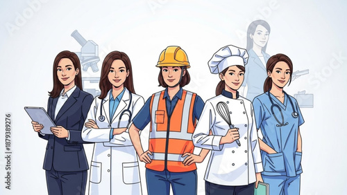 Diverse group of professional women in various careers including doctor engineer and chef representing female empowerment and career diversity isolated on white background