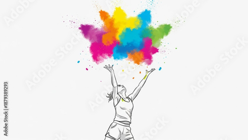 Woman throwing colorful powder explosion upwards representing joy and celebration isolated on white background with copy space