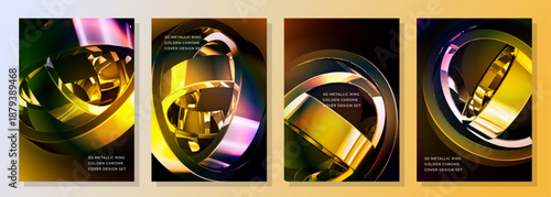 Abstract 3d Metallic Rings With Colorful Gradients, Gold and Chrome Surfaces, and Circular Loops cover poster background design set, Vibrant abstract composition of interwoven metallic rings in gold.