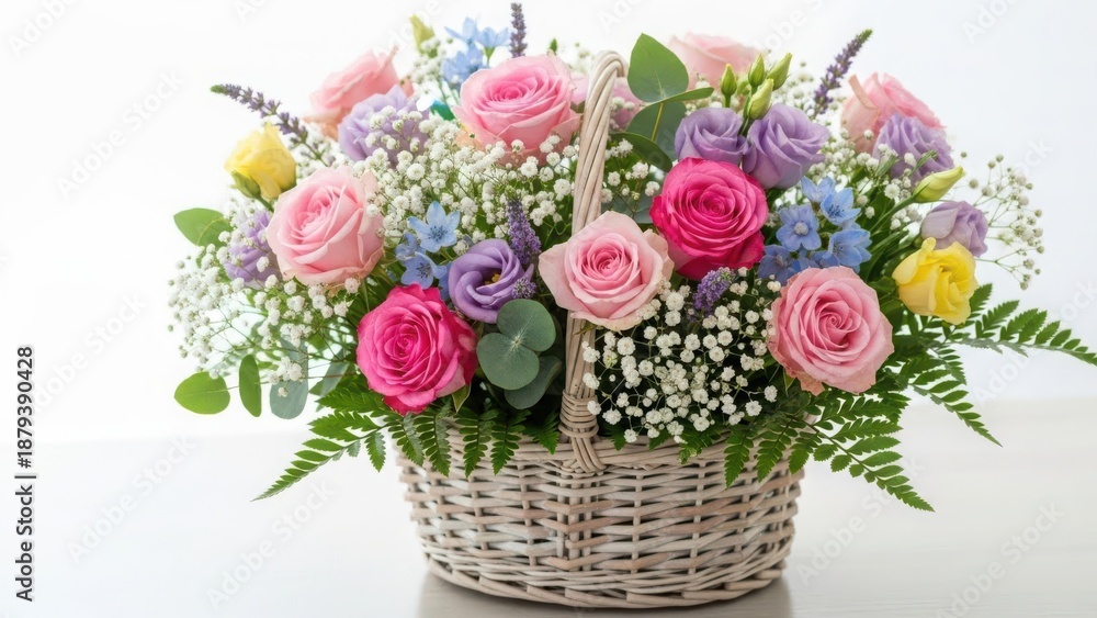 Fototapeta premium Colorful bouquet of roses and baby's breath in wicker basket with lush greenery and vibrant flowers