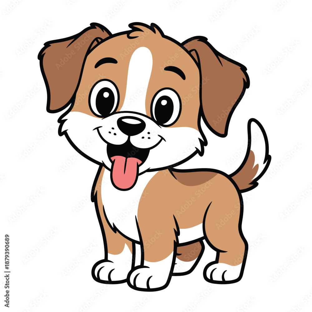 Fototapeta premium Cute and playful cartoon puppy with a happy expression and tongue out standing on white background