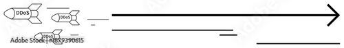 Three missiles labeled DDoS moving towards a large forward arrow represent cyberattacks overwhelming a target. Ideal for cybersecurity, digital threat, cyber defense, technology risk, data
