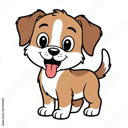 Cute and playful cartoon puppy with a happy expression and tongue out standing on white background