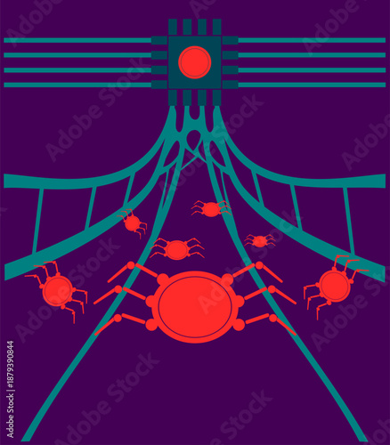 Futuristic Cyber Spider Network Illustration on Dark Purple Background