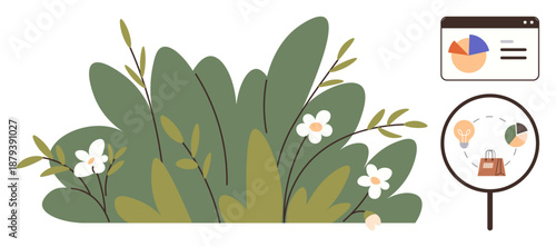 Business growth, eco-friendly design, data insights, e-commerce, sustainability, innovation. Green leaves and flowers paired with web analytics charts. Business growth and eco-friendly design visual