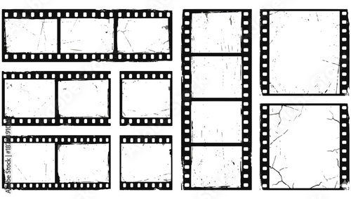 Distressed Black-and-White Film Strip Frames Vector Set on White Background, film strip, vintage frames, black and white, distressed texture, scratched film, retro photography, cinematic design,