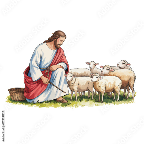 Jesus, the good shepherd, tenderly caring for his flock of sheep in a peaceful setting