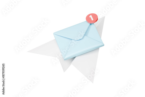 3d paper plane mail notification icon. new message concept. minimal cartoon email inbox alert for app ui. isolated on white transparent background. 3d render.
