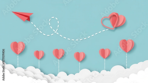 Paper airplane flying towards entwined hearts above a dreamy landscape of clouds and love