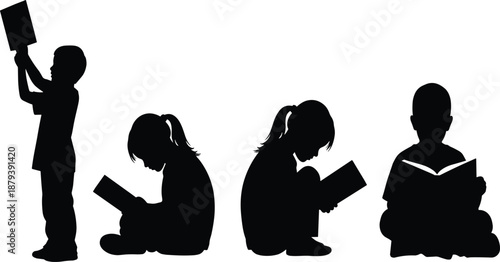 Collection of Four Children Silhouettes Reading Books in Different Poses Isolated on White Background for Literacy Education Library School and Early Childhood Learning Design