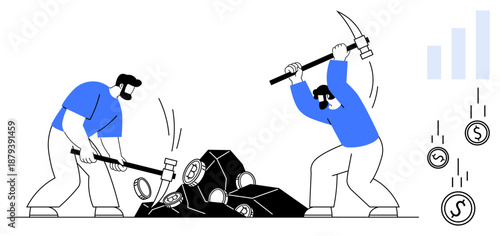 Cryptocurrency mining. Workers mining cryptocurrency with tools, extracting digital coins, and exploring blockchain technology. Cryptocurrency for blockchain operations, fintech, digital economy