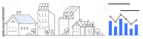 Solar-powered houses and buildings with renewable energy representations alongside bar and line charts. Ideal for sustainability, green energy, eco-living, energy efficiency, data analysis, renewable
