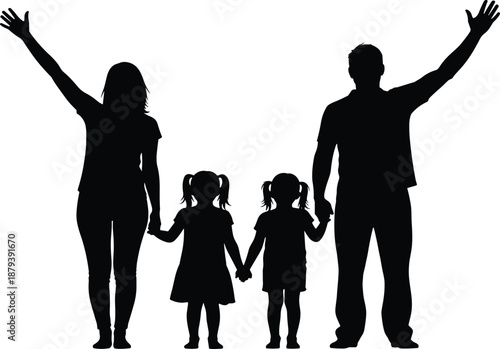 Happy Family Silhouette with Parents Holding Hands with Two Daughters Standing Together with Raised Arms for Joyful Success Concept Isolated on White Background
