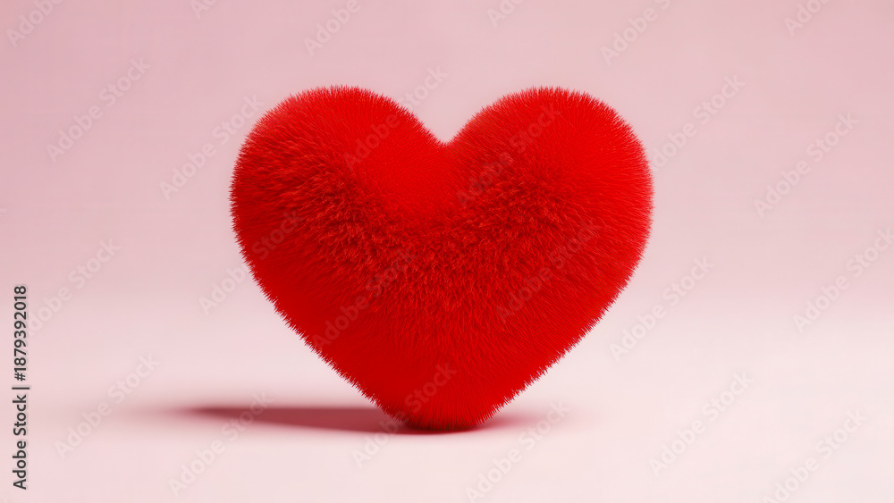 Fototapeta premium A fluffy vibrant red heart stands out against a gentle pink background, symbolizing love and warmth
