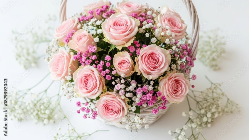 Obraz premium Beautiful bouquet of pink roses and baby's breath flowers in a white wicker basket on a white background