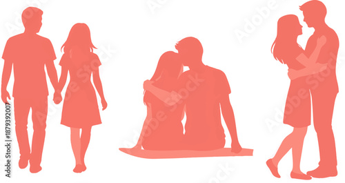 Coral pink silhouettes of three couples captured in affectionate poses, perfect for valentines day designs or relationshipthemed projects.