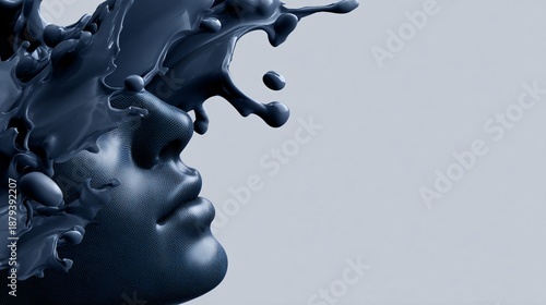 Liquid light forming a face expressing mixed emotions, futuristic emotional AI concept, 3D surreal art, minimal backdrop, copy space left