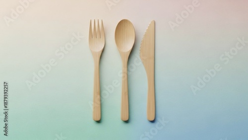 A clean flat lay featuring wooden cutlery set against a calming gradient background, conveying eco-friendliness and mindful dining.