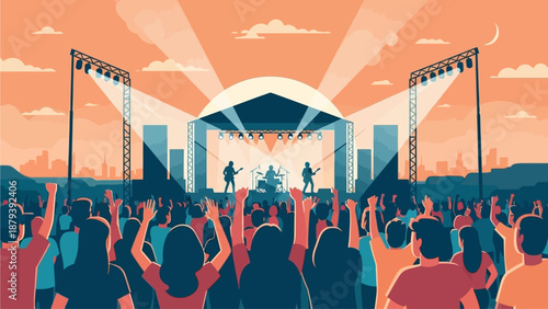 This flat design illustration captures the energetic atmosphere of a music festival, with a diverse crowd cheering enthusiastically in front of a brightly lit main stage. 