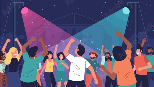This vibrant flat design illustration captures the exhilaration of an outdoor music festival at night, showcasing a diverse crowd enthusiastically dancing under colorful stage lights. 