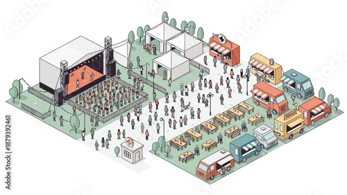 This flat design illustration offers an aerial perspective of a sprawling music festival, showcasing its various zones and the movement of a large crowd.