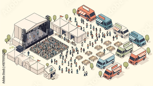 This flat design illustration offers an aerial perspective of a sprawling music festival, showcasing its various zones and the movement of a large crowd.