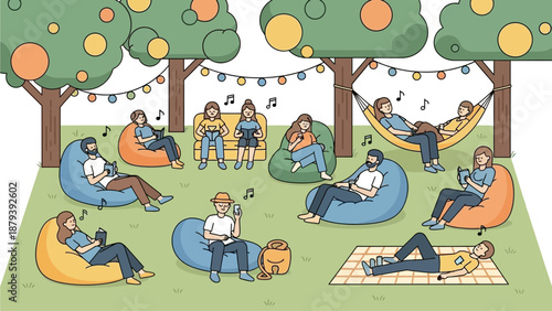 This flat design illustration depicts a tranquil chill-out zone at a music festival, where attendees can relax and recharge amidst the vibrant energy. 