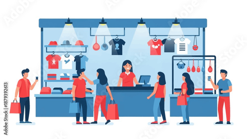 This flat design illustration captures the lively atmosphere of a merchandise booth at a music festival, with attendees browsing and purchasing fan gear. 