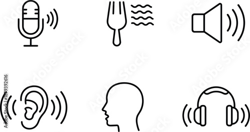 Set of audio icons including microphone tuning fork speaker hearing ear human head and headphones for sound design projects.