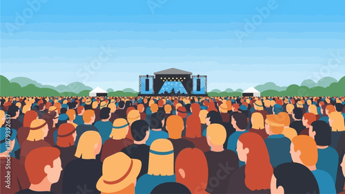 This flat design illustration depicts a massive crowd of attendees flowing towards a distant stage at a daytime music festival, conveying a strong sense of anticipation and the event's grand scale. 