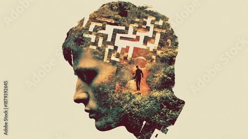 Abstract maze inside human silhouette, overthinking concept, double exposure illustration, minimal background, copy space for text