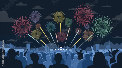 This flat design illustration captures the spectacular finale of a music festival, with colorful fireworks exploding over an awe-struck crowd at night. 