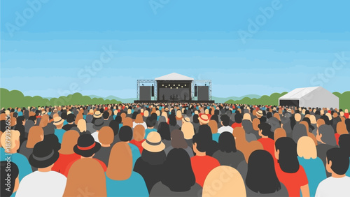 This flat design illustration depicts a massive crowd of attendees flowing towards a distant stage at a daytime music festival, conveying a strong sense of anticipation and the event's grand scale. 