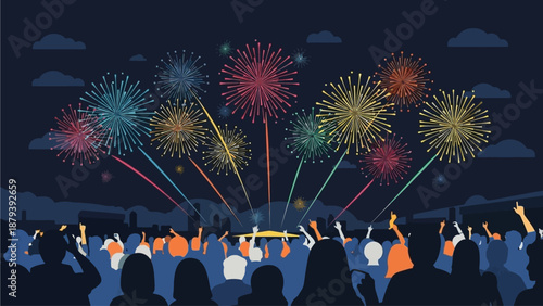This flat design illustration captures the spectacular finale of a music festival, with colorful fireworks exploding over an awe-struck crowd at night. 