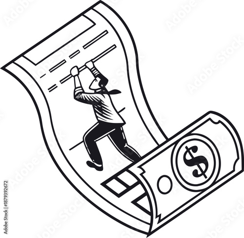 Money on the Move: A determined individual pulls a long document or form that is draped over a dollar bill, it suggests a relentless pursuit of financial success.