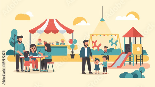 This flat design illustration depicts a family-friendly area at a music festival, showcasing parents and children enjoying various activities in a bright and welcoming environment. 