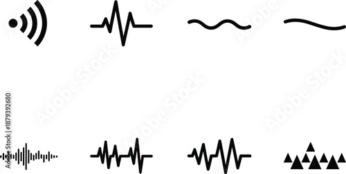 Set of black solid audio wave icons including frequency signals pulse lines and sound levels for digital interface design.